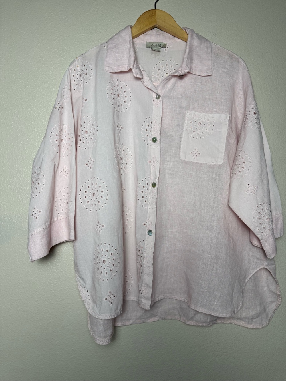 Astrid 100% Linen Light Pink Eyelet Linen Button-Down Top